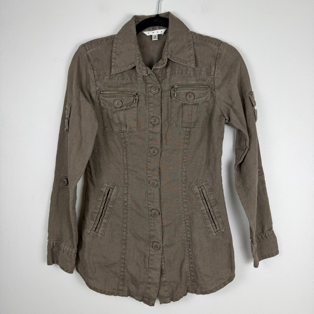 Cabi Jacket Womens XS Brown 100% Linen Collared Utility Button Front Military